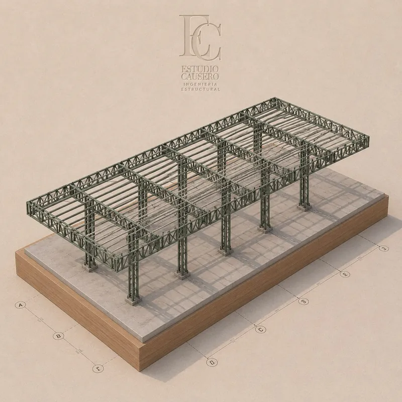 Modelo 3D de la estructura metálica reticulada de una estación de servicio en Funes