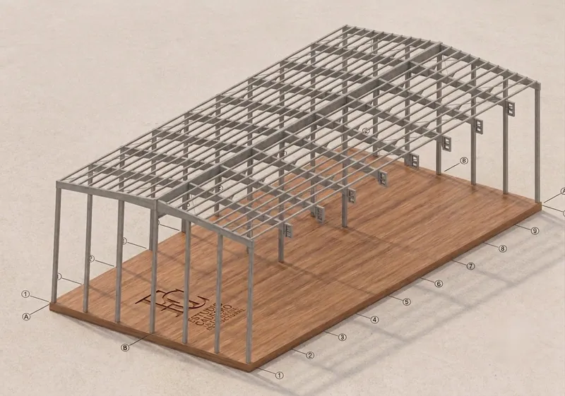 Modelo 3D de una nave industrial de estructura metálica con pórticos y correas