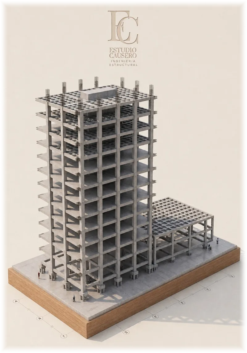 Modelo estructural de un edificio de hormigón armado en altura con un cuerpo bajo anexo